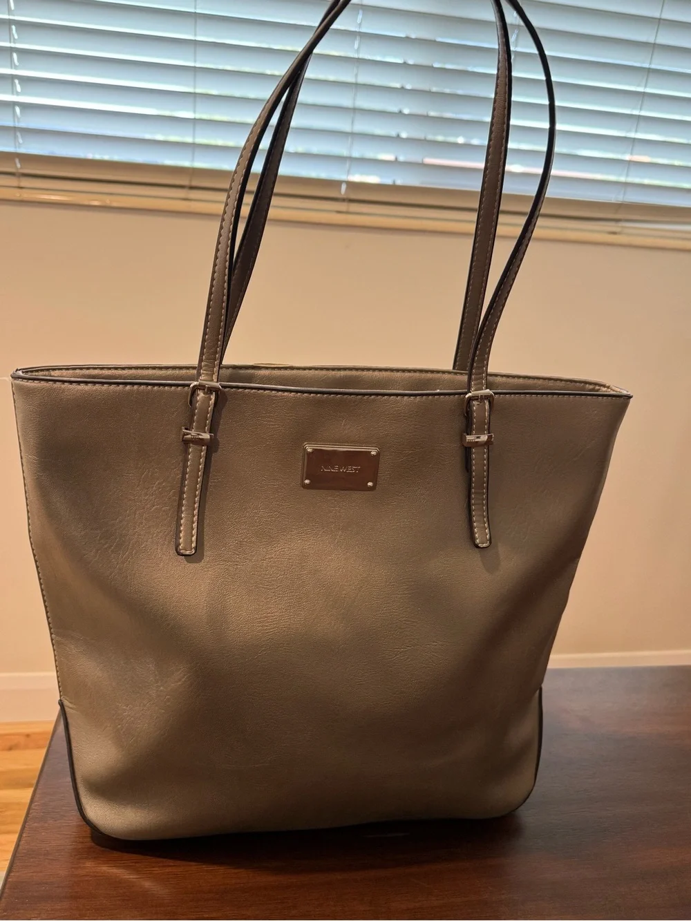 Nine West Metallic Pewter Silver Faux Leather Work Tote Shoulder Bag